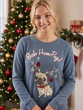 PRE-LOVED Christmas Women's Med. Bah Hum Pug Blue Sweater #UglyChristmasSweater